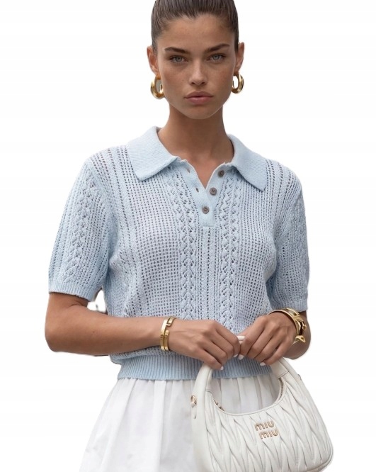 Cocomore Yarn Premium Ažurová mikina s límcem Polo Modrá