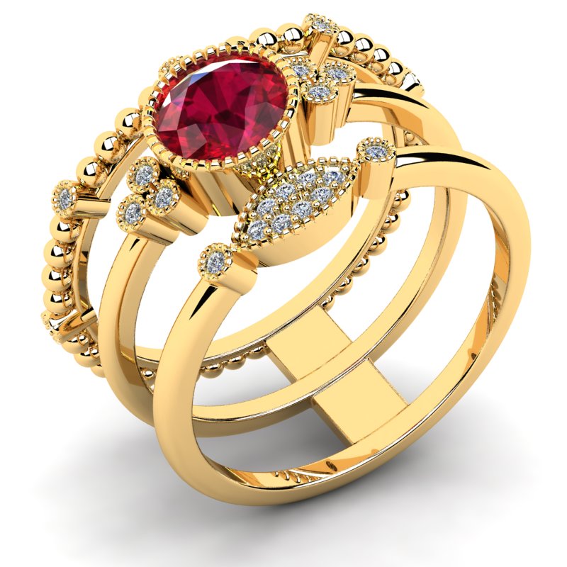 

Pierścionek Złoty Trzyrzędowy Z Czerwoną Cyrkonią