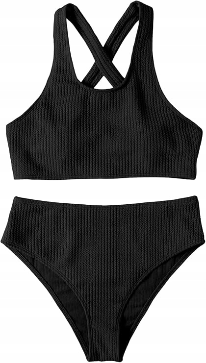 Dámské dvoudílné plavky na ramínkách s vysokým pasem, černá, velikost Xs