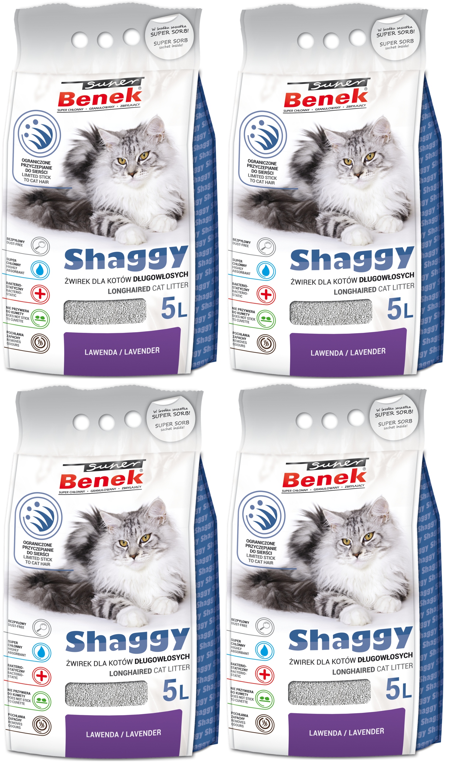 Żwirek dla kota Benek Shaggy Lawenda 4x5L dla długowłosych Balls Pers Maine