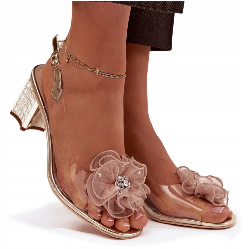 Dámské Transparentní Sandály Na Podpatku S Ozdobou, Kytička, Zlaté, Velikost 40