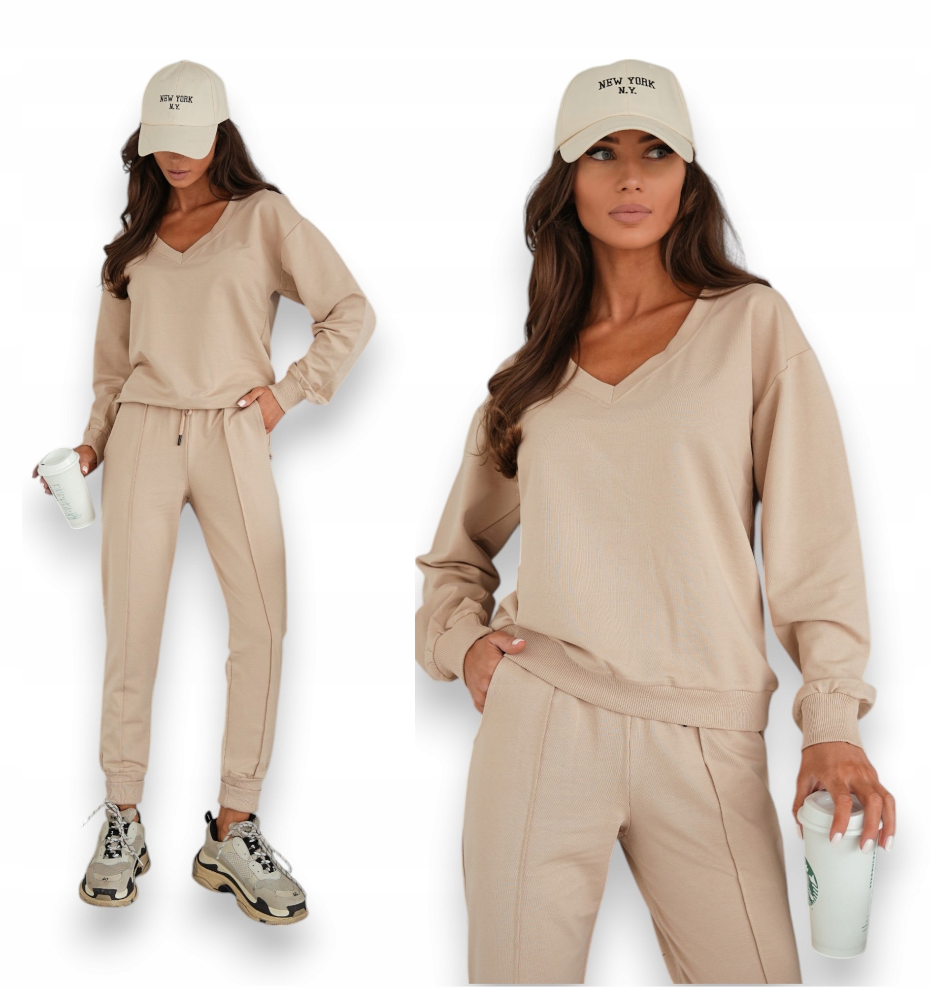 Dres Damski Bawełniany Piękny Dekolt W Serek Komplet Beżowy S