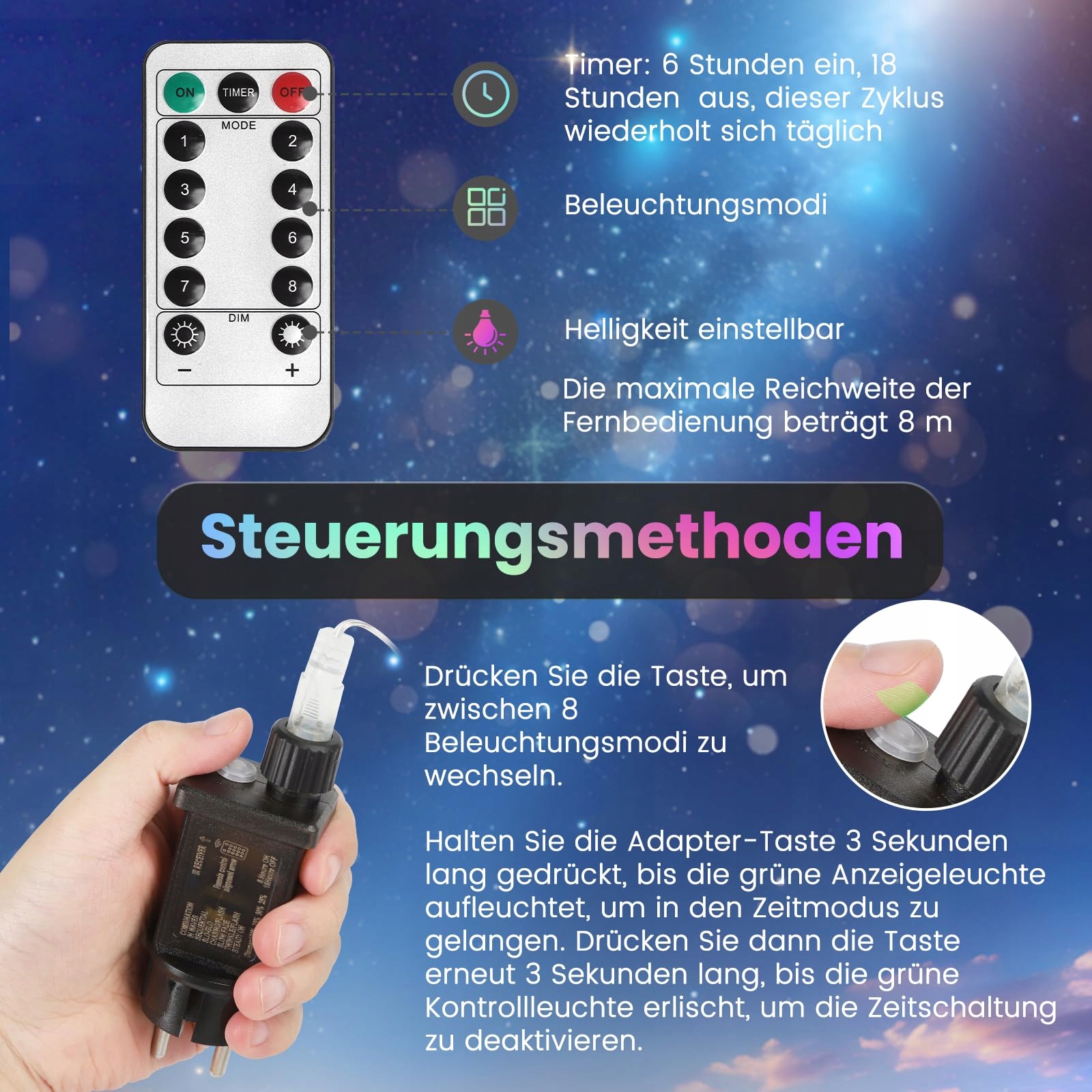 AIGOSTAR Kurtyna Świetlna RGB z Pilotem, 8 Trybów, Wodoodporna — miniatura 5