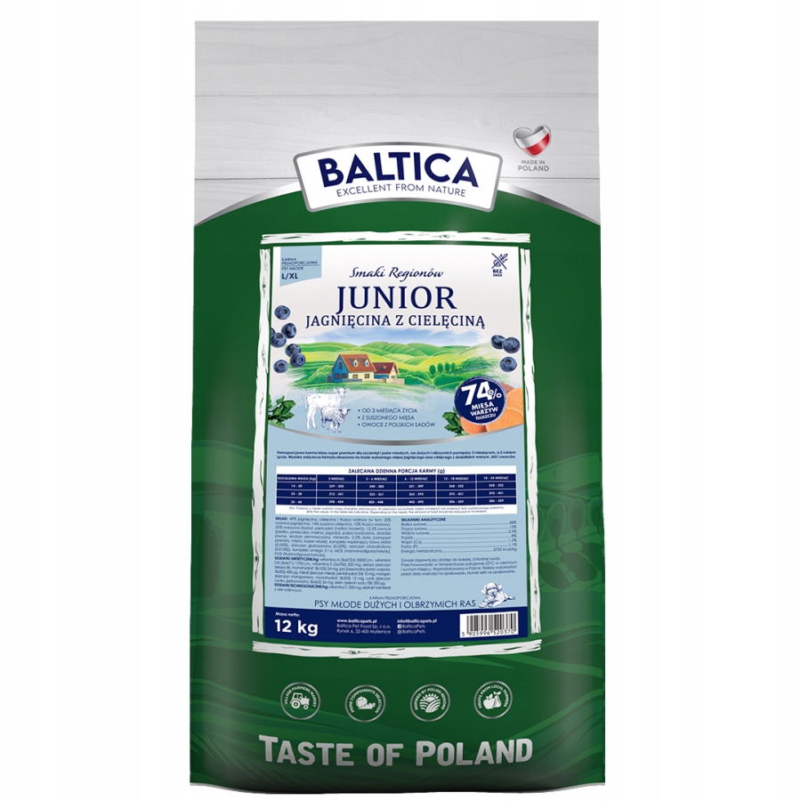 Levně Baltica Chutě regionů Jehněčí s telecím masem Junior XL 12 kg