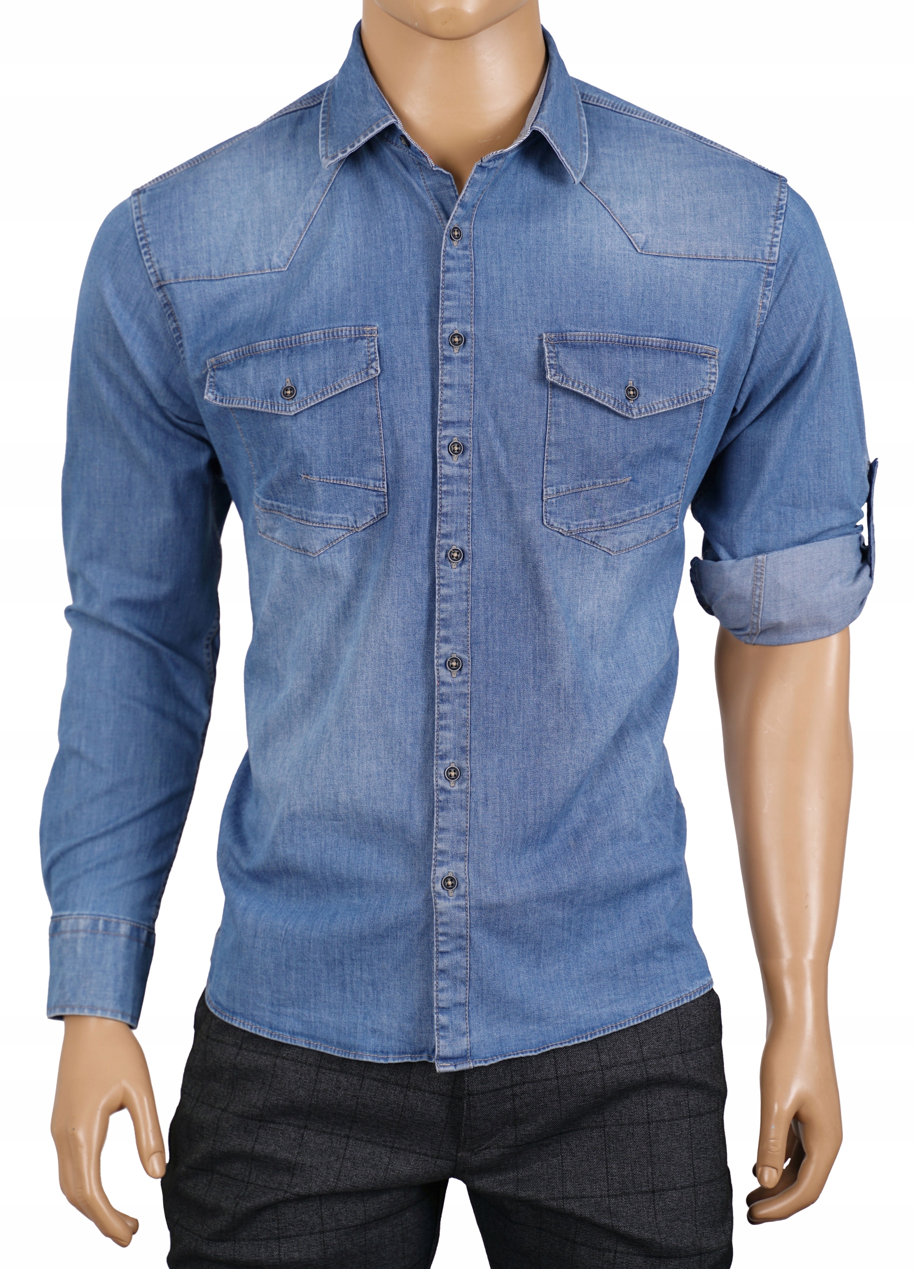 Koszula Męska Jeansowa Niebieska Dżins Z Kołnierzykiem Turecka Casual 3XL