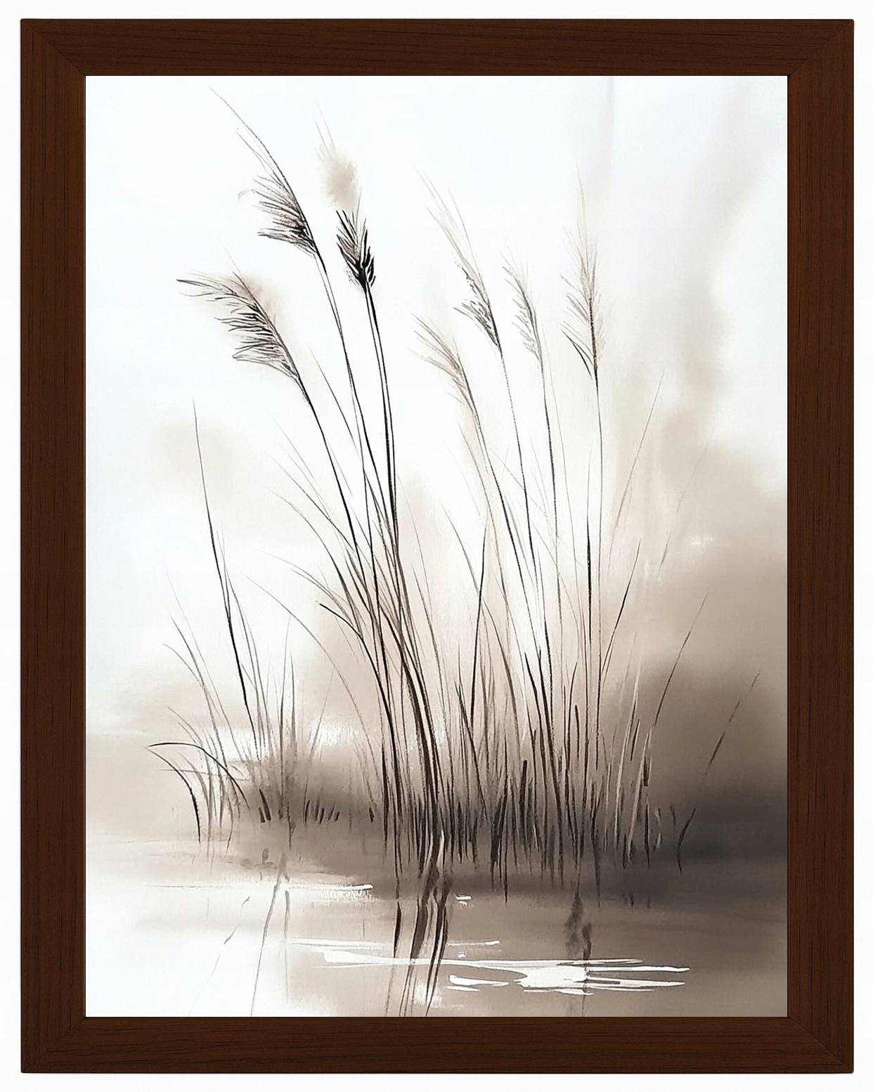Plakát Rámeček Dřevo Akvarel Jezero Rostliny Trávy Mlha Sepia 60x80