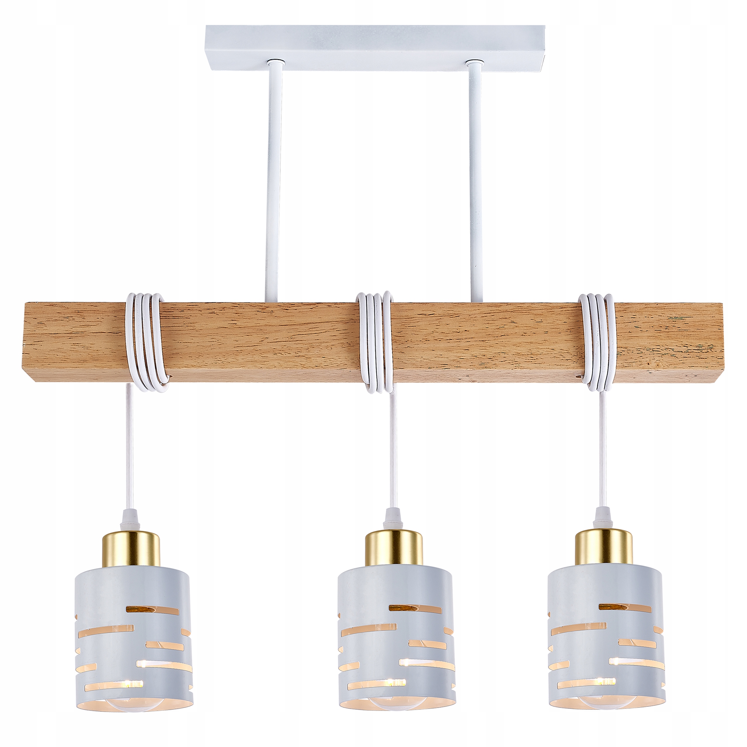 Závěsné stropní svítidlo s dřevěným lustrem nad kuchyňský stůl 3x E27 bílá