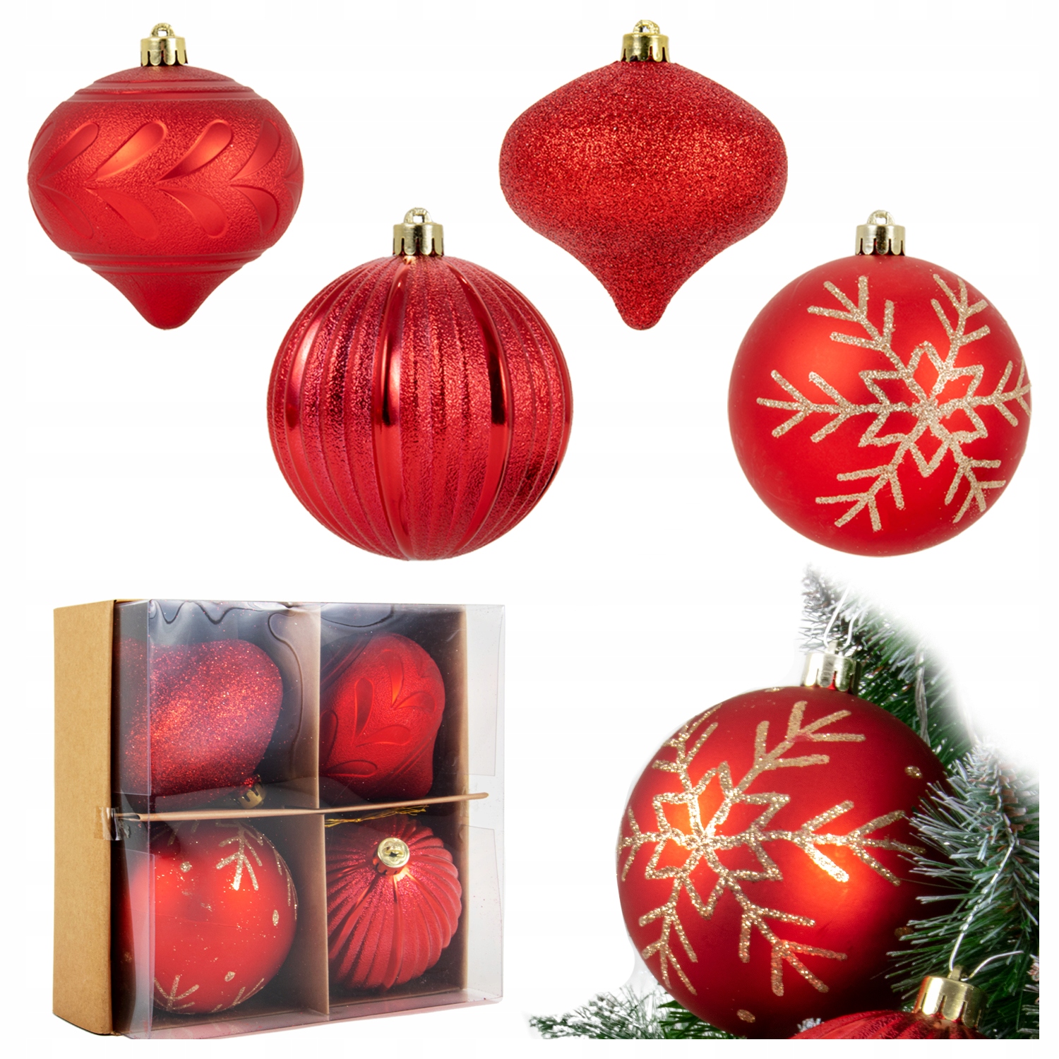 

Plastikowe Bombki Choinkowe kpl 4 Czerwone 10cm