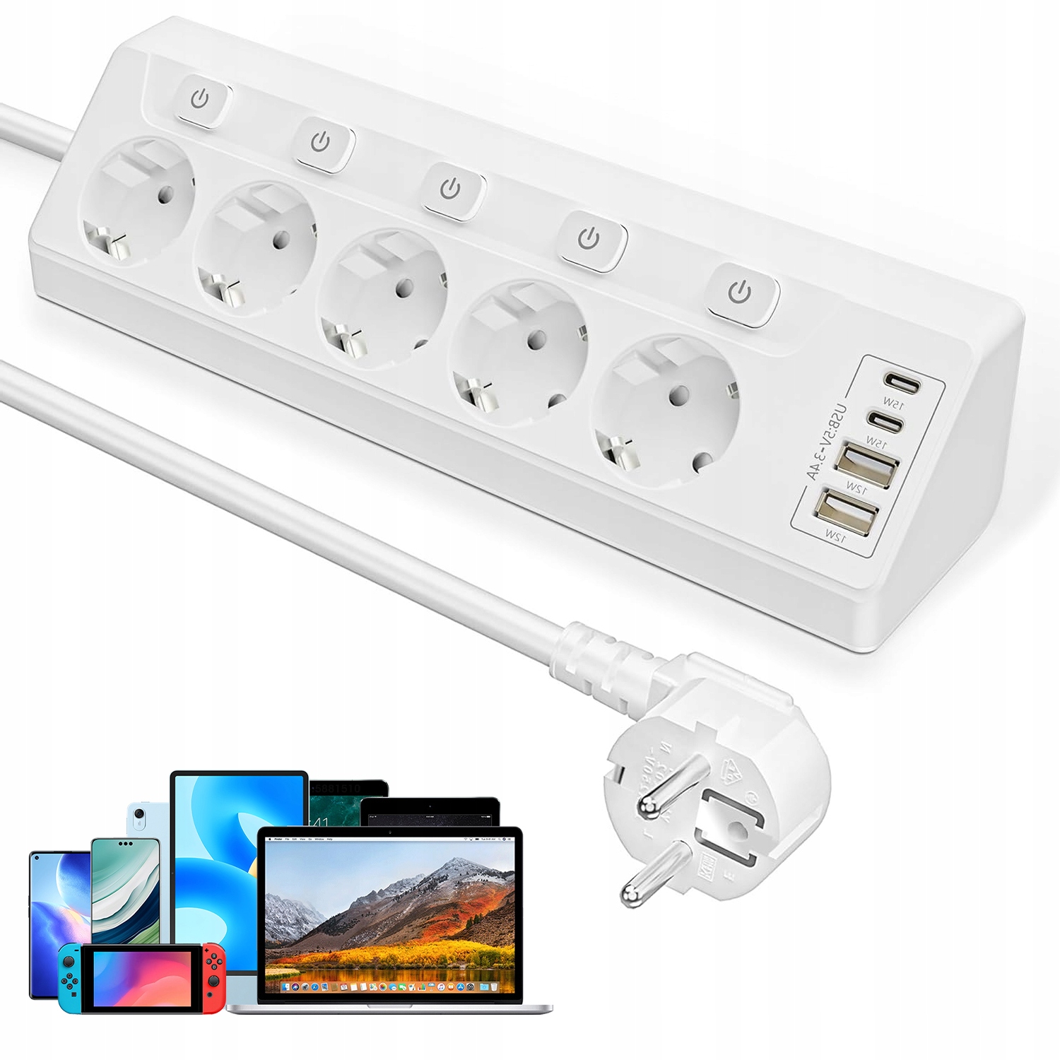 WIELOFUNKCYJNA LISTWA ZASILAJĄCA 9W1 DO BIURKA I KUCHNI 5xAC 2xUSBA 2xUSBC