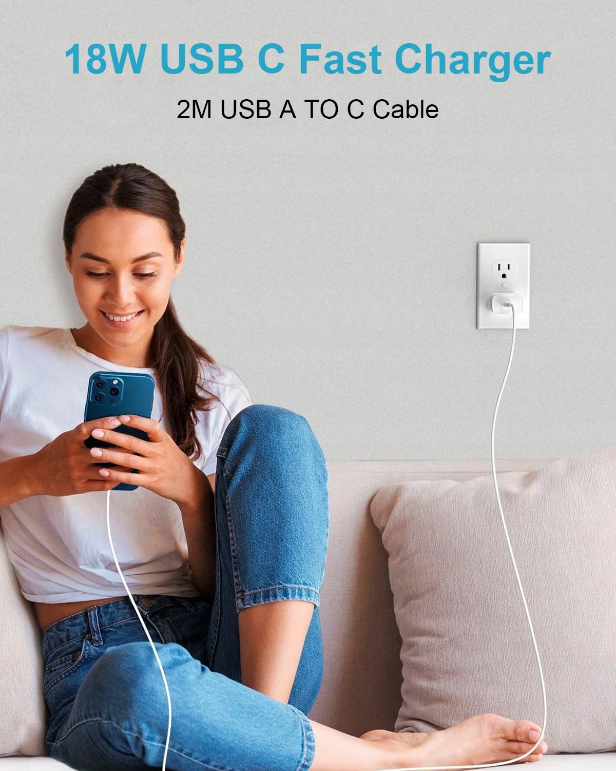 Ładowarka USB z kablem do ładowania USB C 2 m, 18 W Biała — miniatura 6