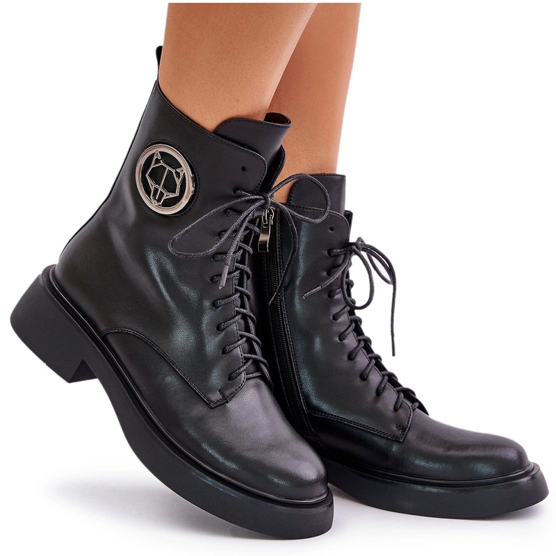 Kotníkové Boty Kožené Workery Plochý Podpatek Ozdoba Zateplená Na Zip Černá 36