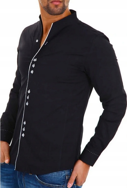 ELEGANCKA MĘSKA CZARNA KOSZULA STÓJKA - M