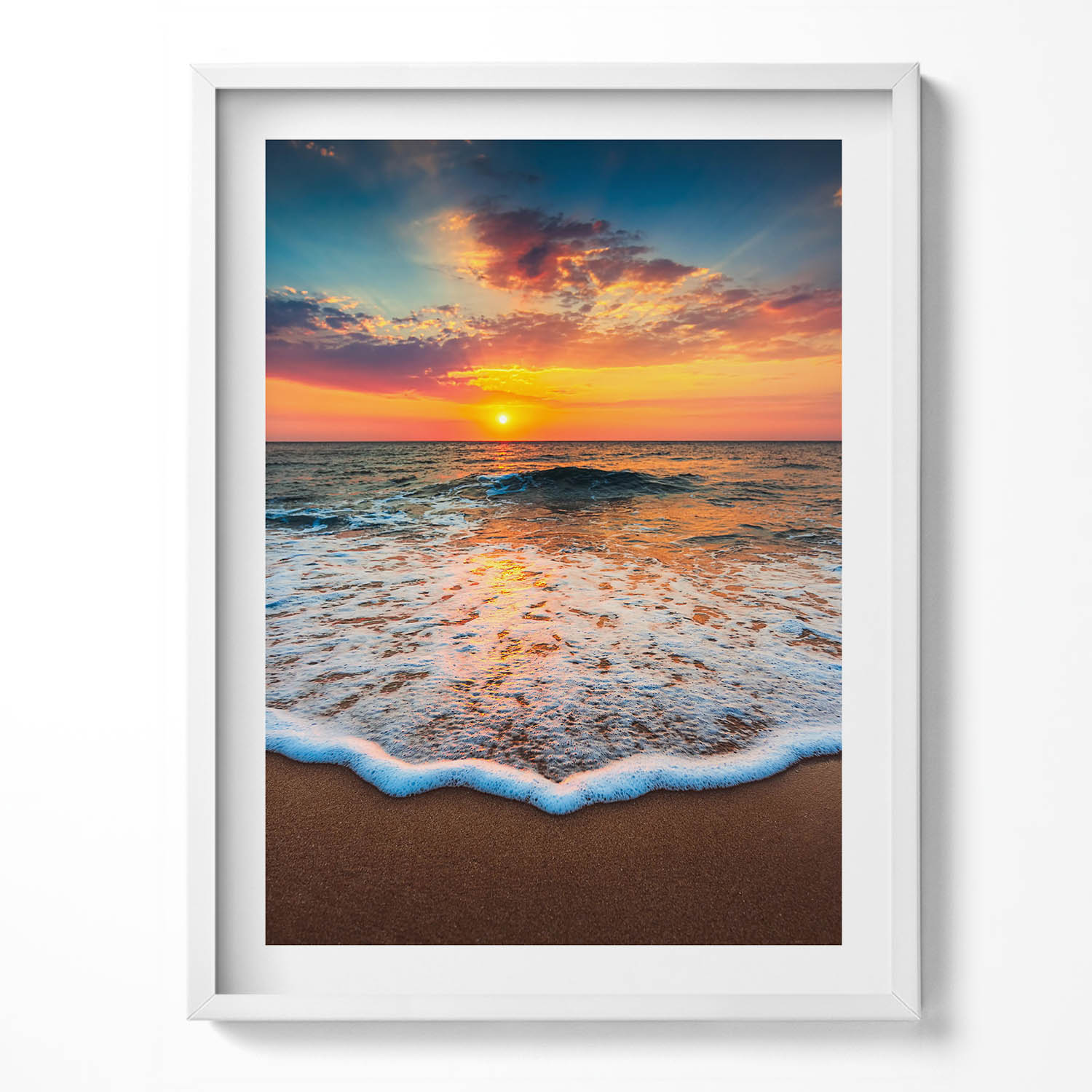 Obraz grafika v bílém rámu Krajina zapadajícího slunce nad mořem 60x80 cm