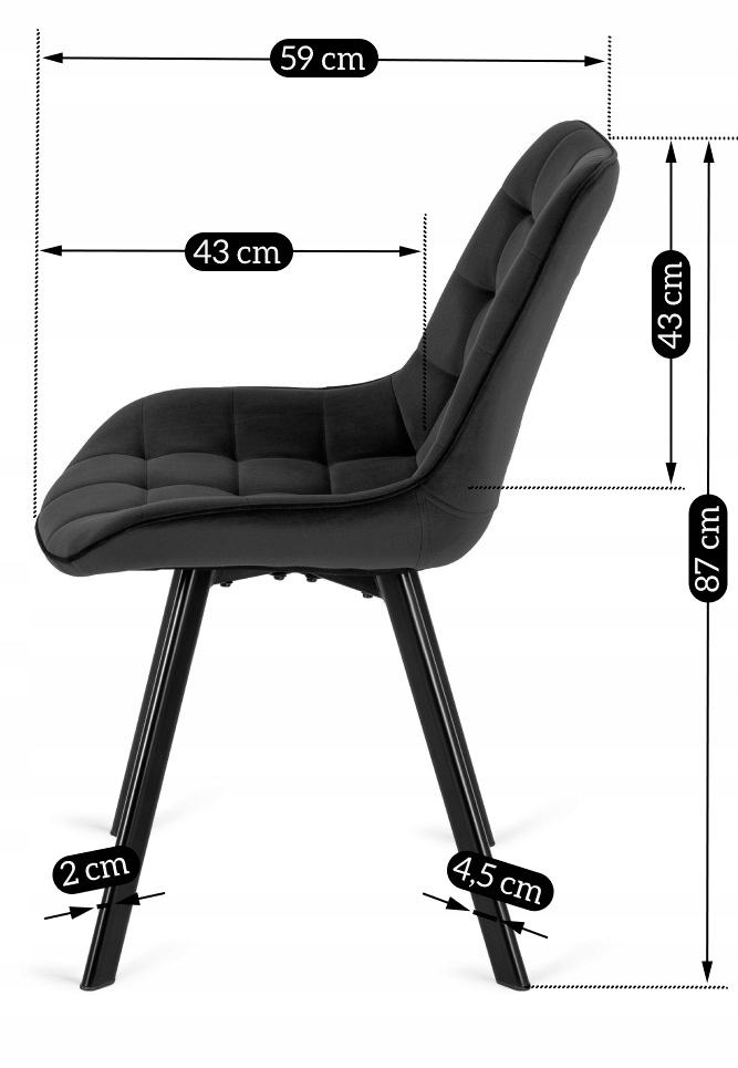 Krzesło Tapicerowane Pikowane Welurowe Loft Do Salonu Jadalni RICK Czarne Głębokość siedziska 43 cm