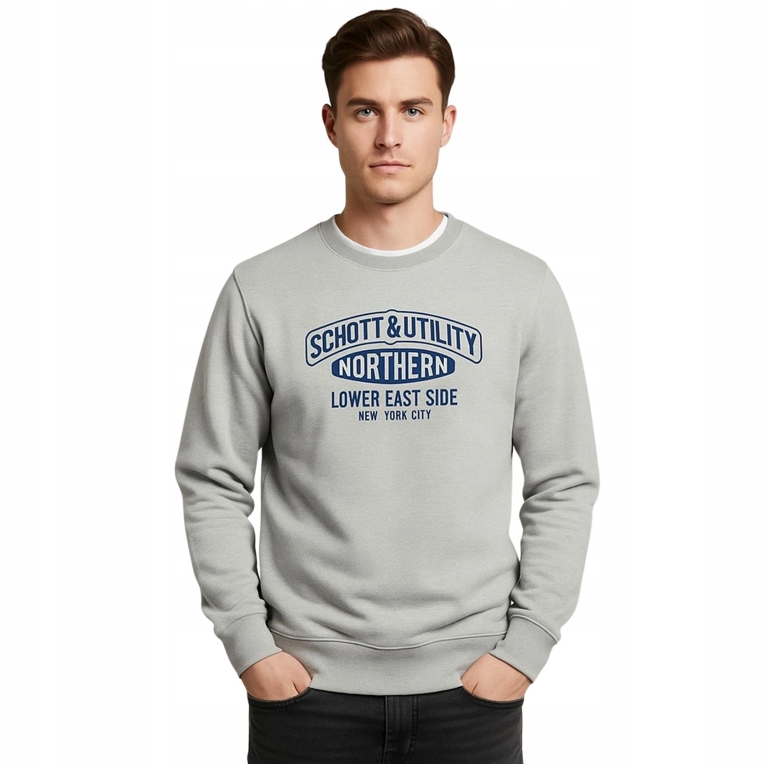 Pánská mikina Schott šedá sportovní s potiskem a dlouhým rukávem, klasická, velikost S