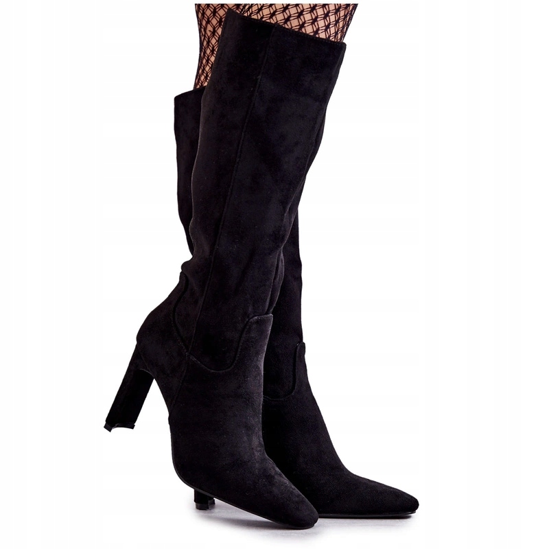 Černé Kozačky Ke Kolenům Na Semišovém Podpatku, Velikost 40