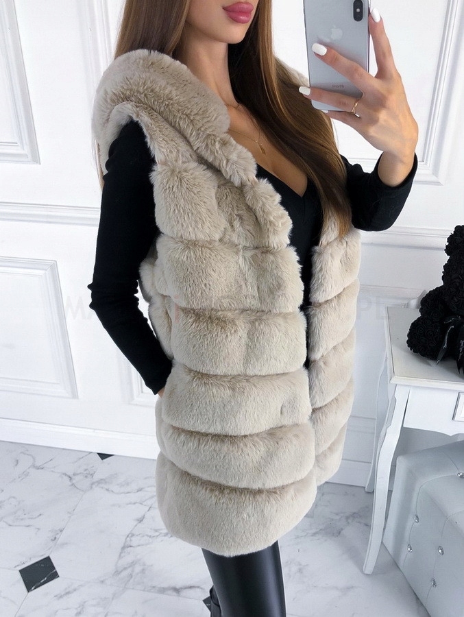 KAMIZELKA FUTERKOWA FUTRO Z KAPTUREM PREMIUM BEŻ Marka inna