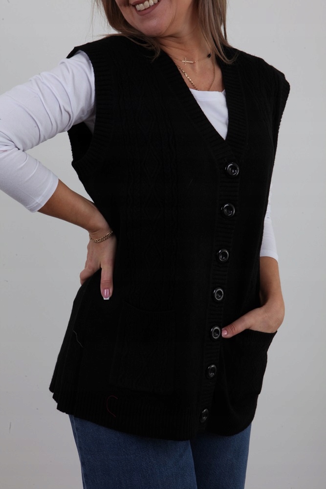 CIEPŁY SWETER ROZPINANA CZARNA KAMIZELKA GUZIKI *M/L Rozmiar M/L