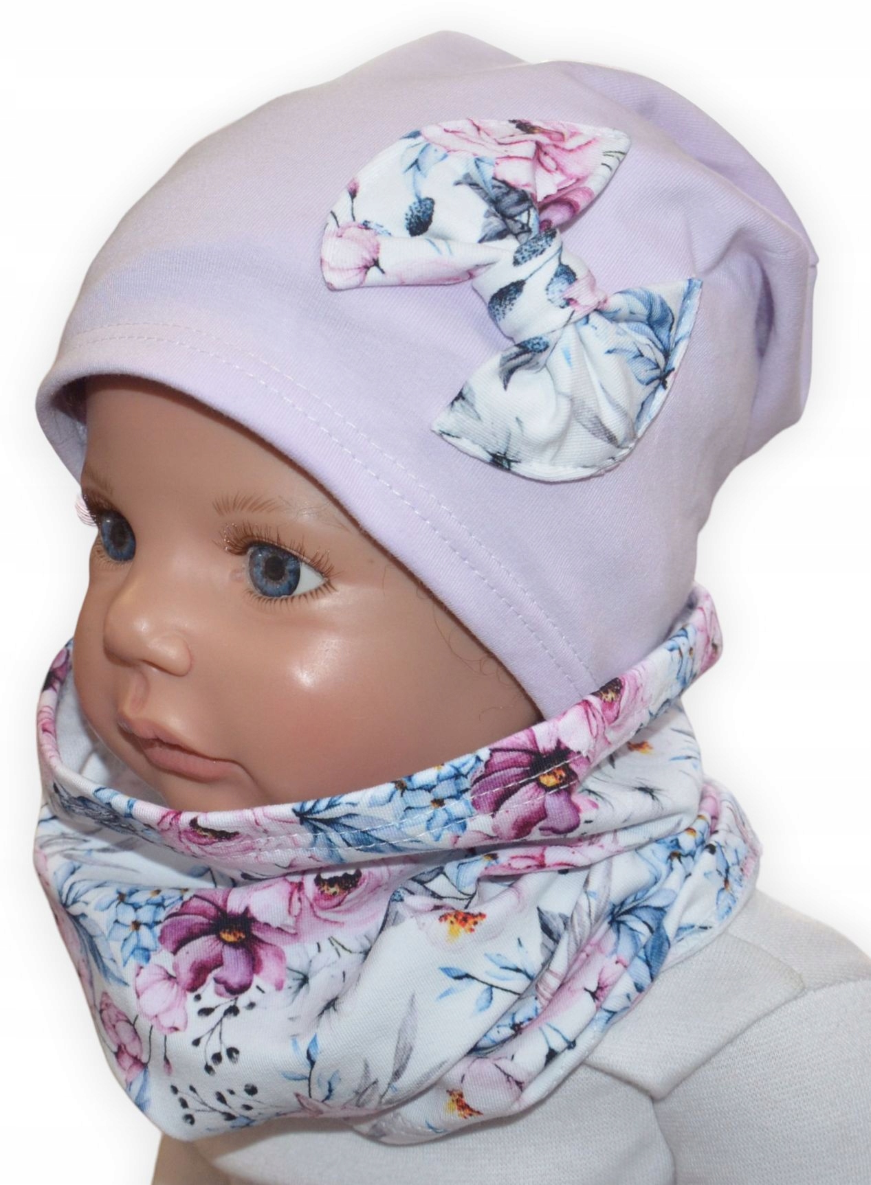 

cienka czapka i komin 48-52cm lila akwarelowe b