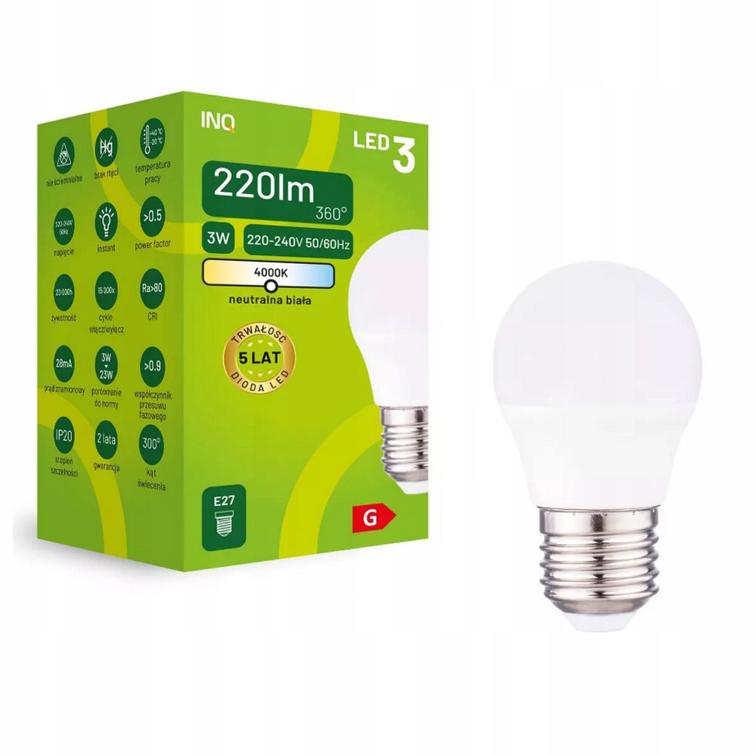 

Inq E27 Led 3W (23W) 220lm G45 mała kulka 4000K