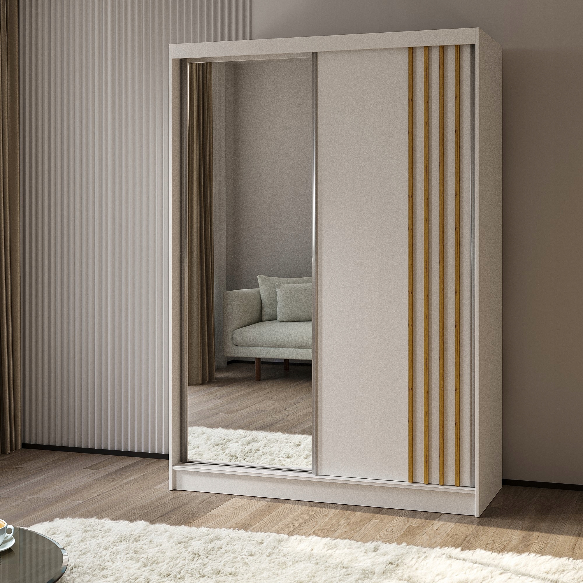 Skříň Nelvia 150 cm Skříň se zrcadlem Posuvná bílá