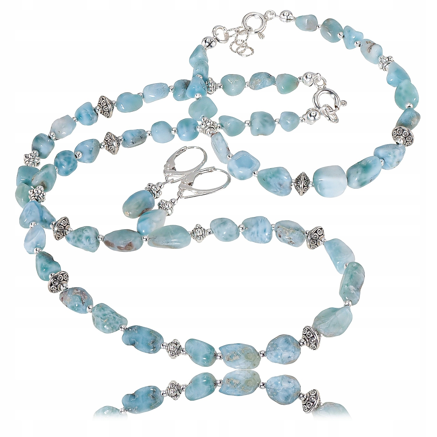 Přírodní Larimar Nádherný komplet Náušnice Náramek Náhrdelník Stříbro