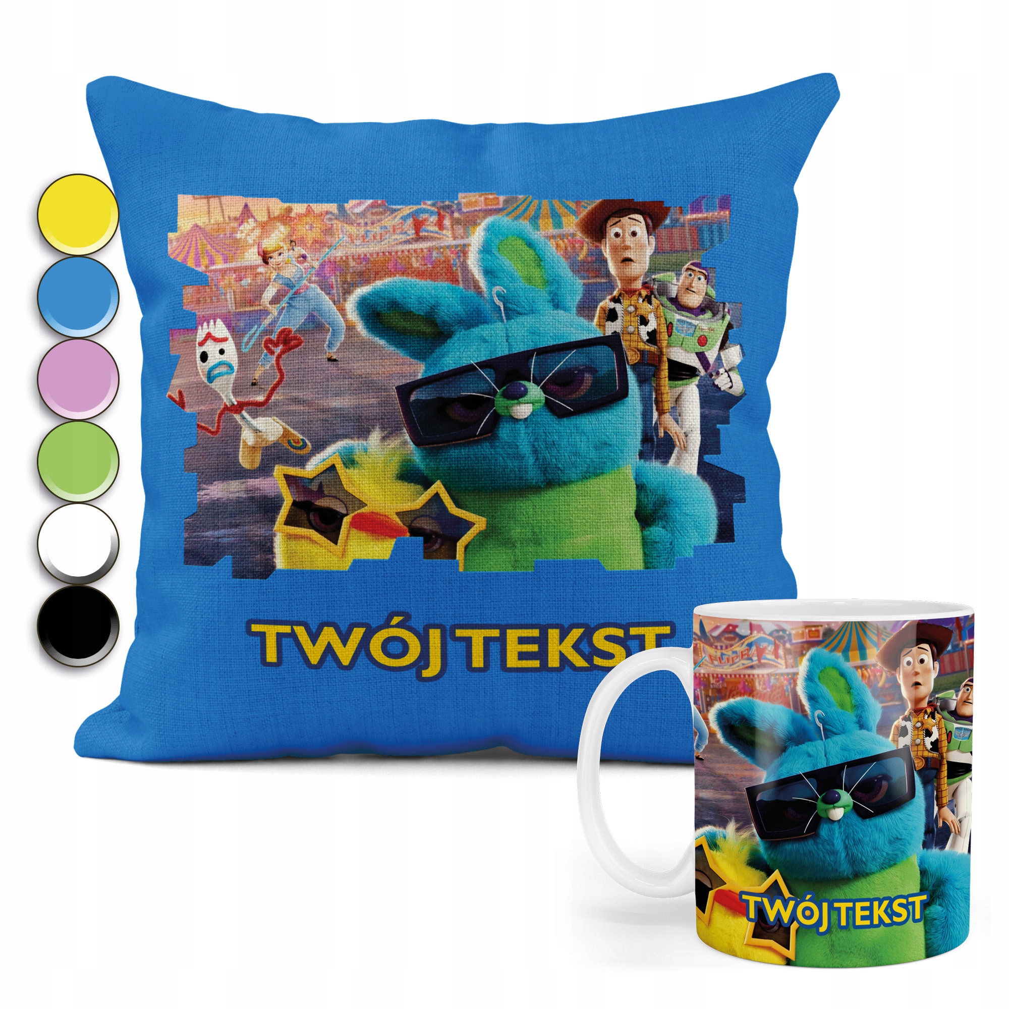 ZESTAW KUBEK + PODUSZKA TOY STORY PREZENT WIELE WZORÓW + IMIĘ (ZESTAW z kubkiem Z BAJEK I