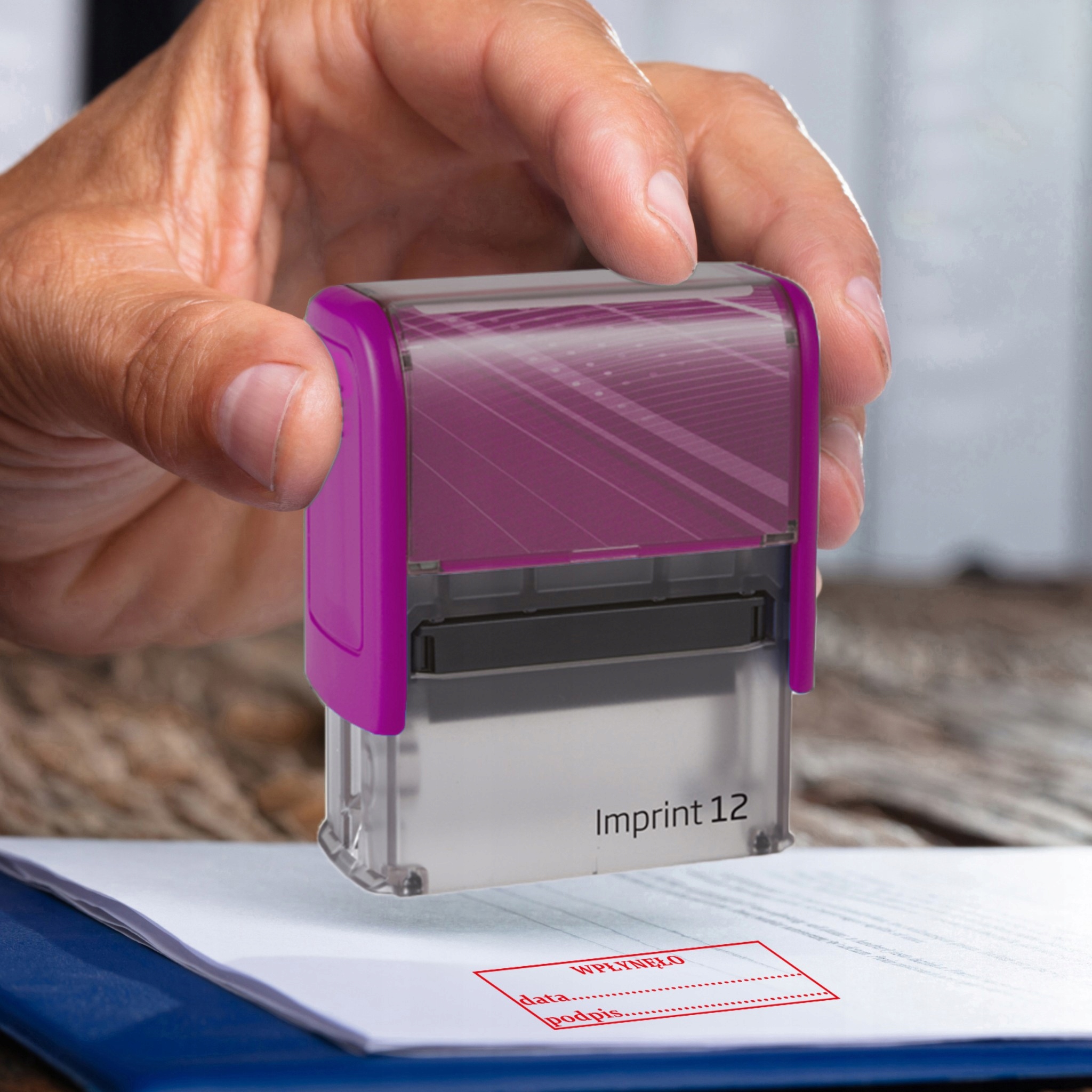 PIECZĄTKA WPŁYNĘŁO TRODAT 8912 DO FIRMY BIURA FIOLETOWA 47x18mm Liczba wersów 1-2 wersy