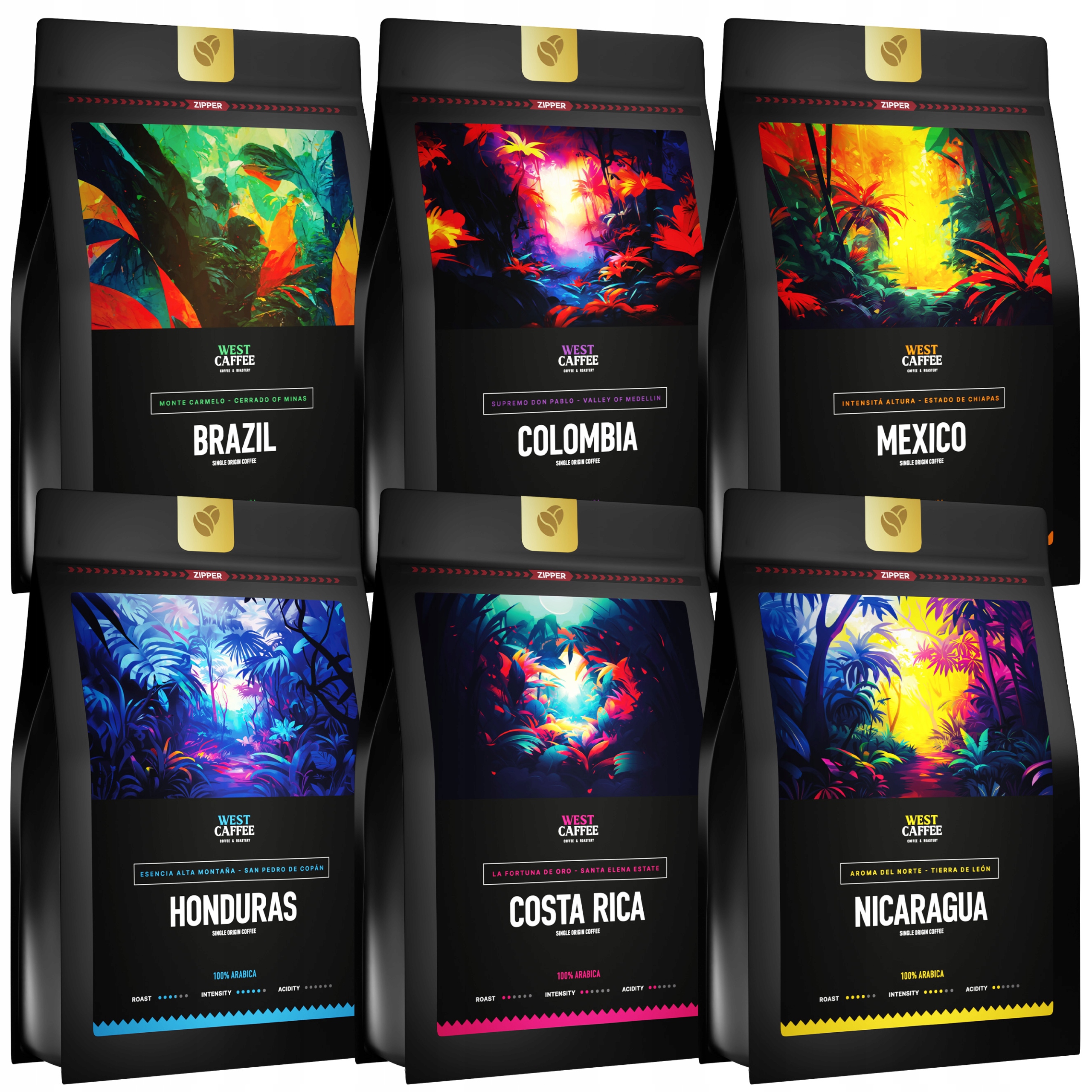Káva Zrnková Sada 6 x 250 g West Caffee MIX Čerstvě pražená 100% Arabica