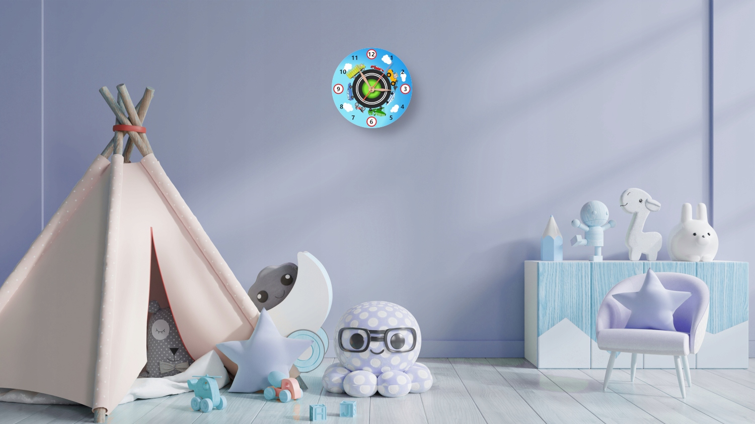 Zegar ścienny dla dzieci SAMOCHODY POJAZDY AUTA Szerokość całkowita 24 cm