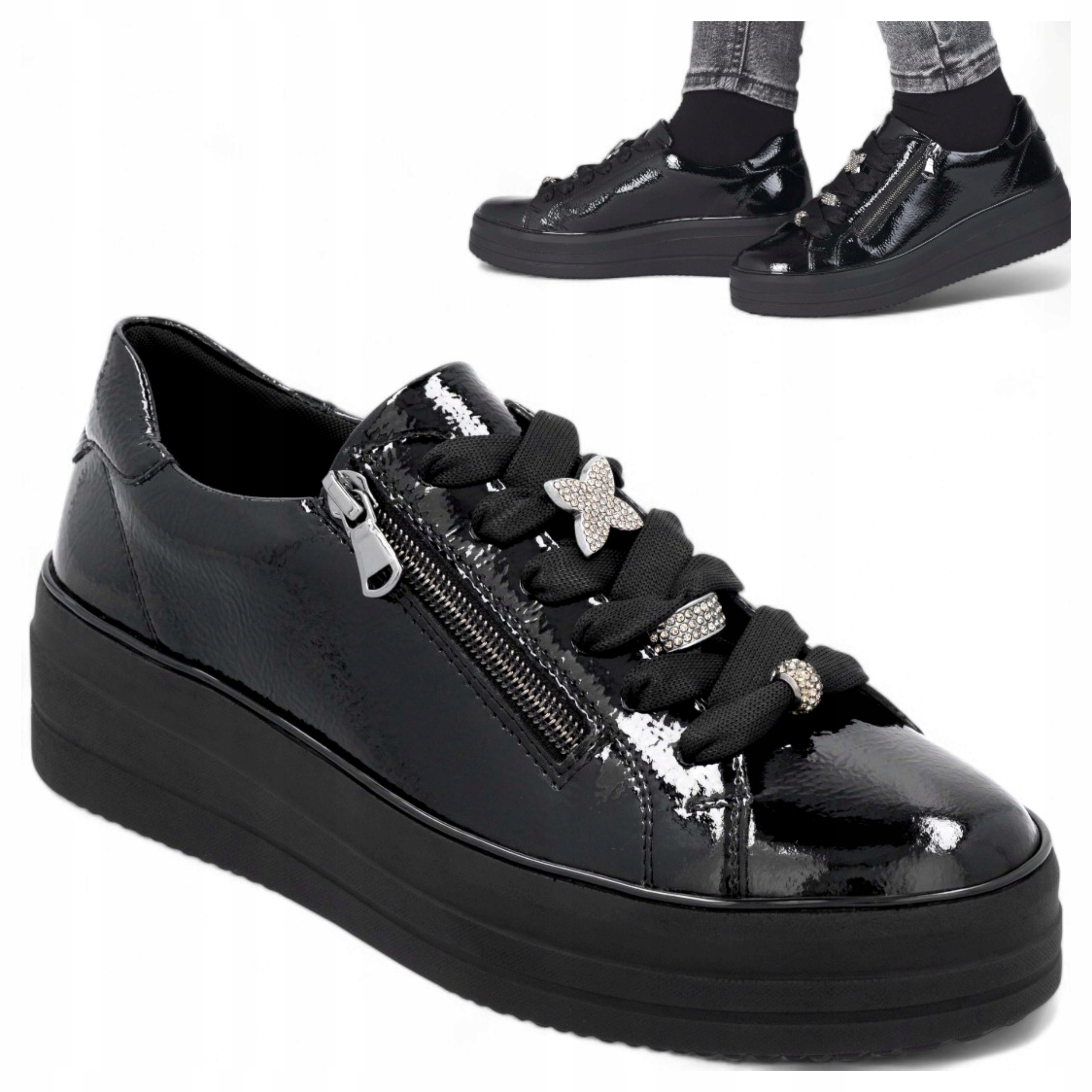 Dámské kožené tenisky 39 Polobotky lakované podzimní Remonte černé