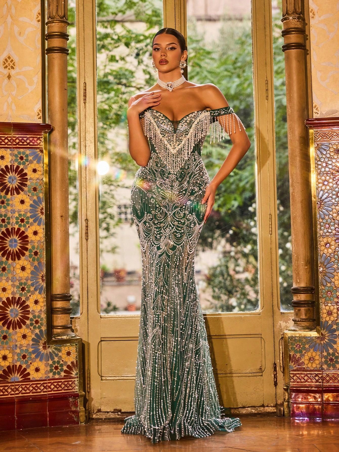 Shein Zelené Maxi Šaty S Flitry Awg S06__XL