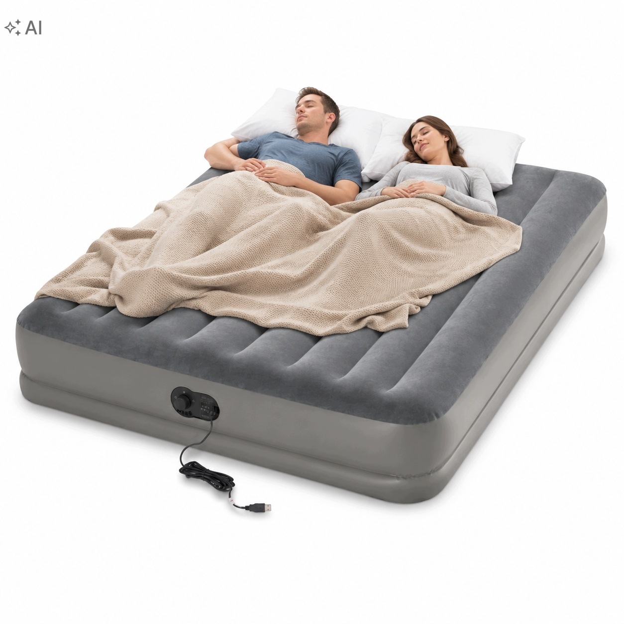 Materac Dmuchany Dwuosobowy Łóżko Welur 152x203x30 Cm Wbudowana Pompka Usb