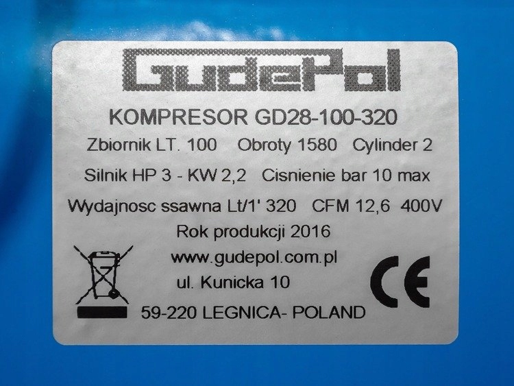 Kompresor olejowy sprężarka 100L 2,2kW 10 bar Model GD 28-100-320