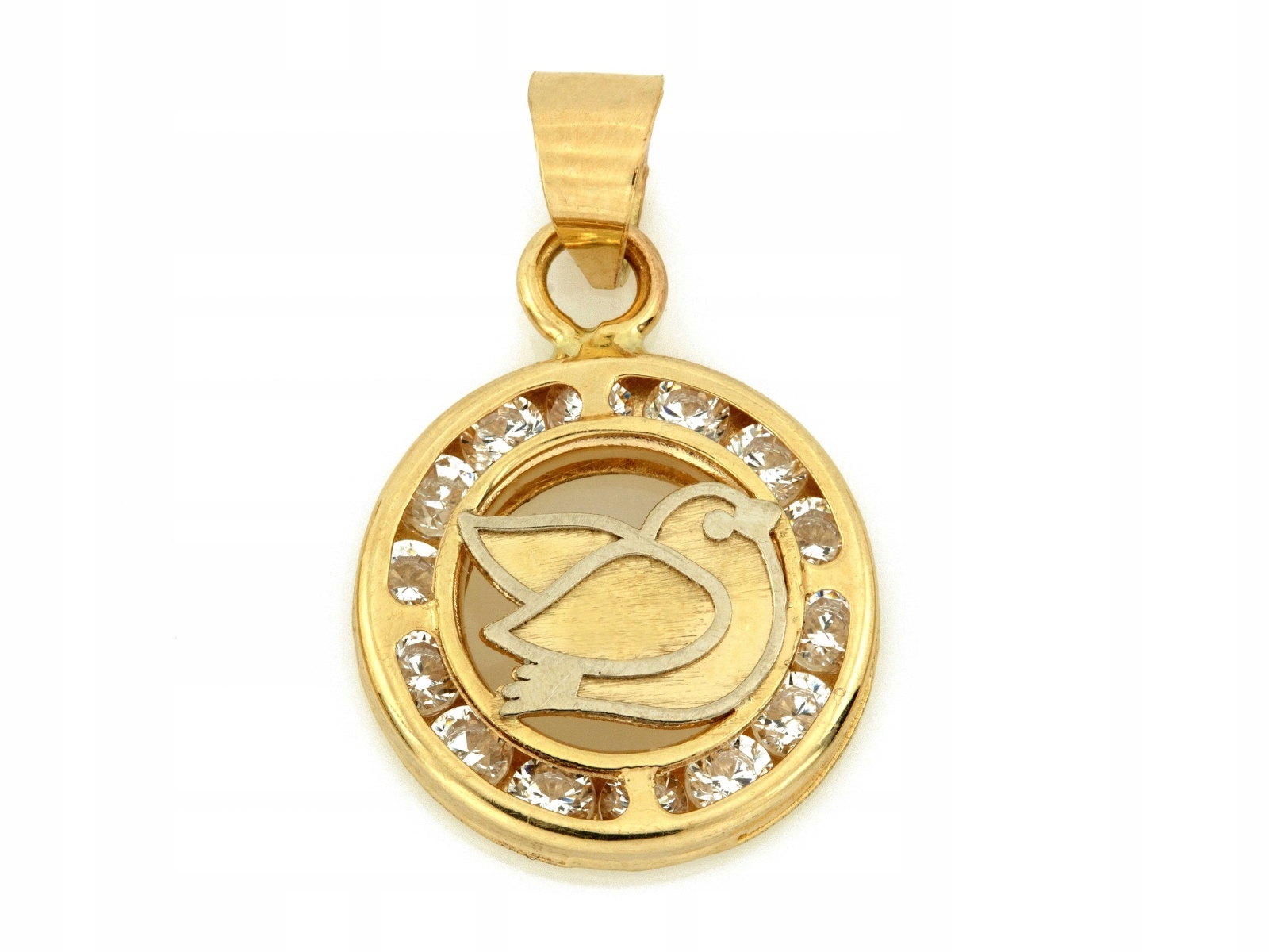 Zlatý přívěsek 585 kulatý s ptáčkem 0.77 g a bílými zirkony, holub