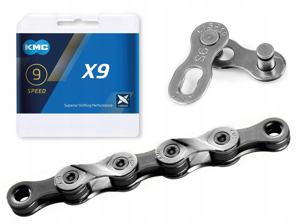 Łańcuch rowerowy Kmc X9 srebrno-szary, 122 ogniwa, 6,6 mm, 9 rzędowy