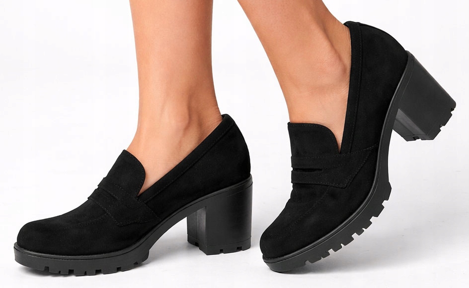 Półbuty Na Słupku Damskie Czarne Mokasyny Zamszowe 39