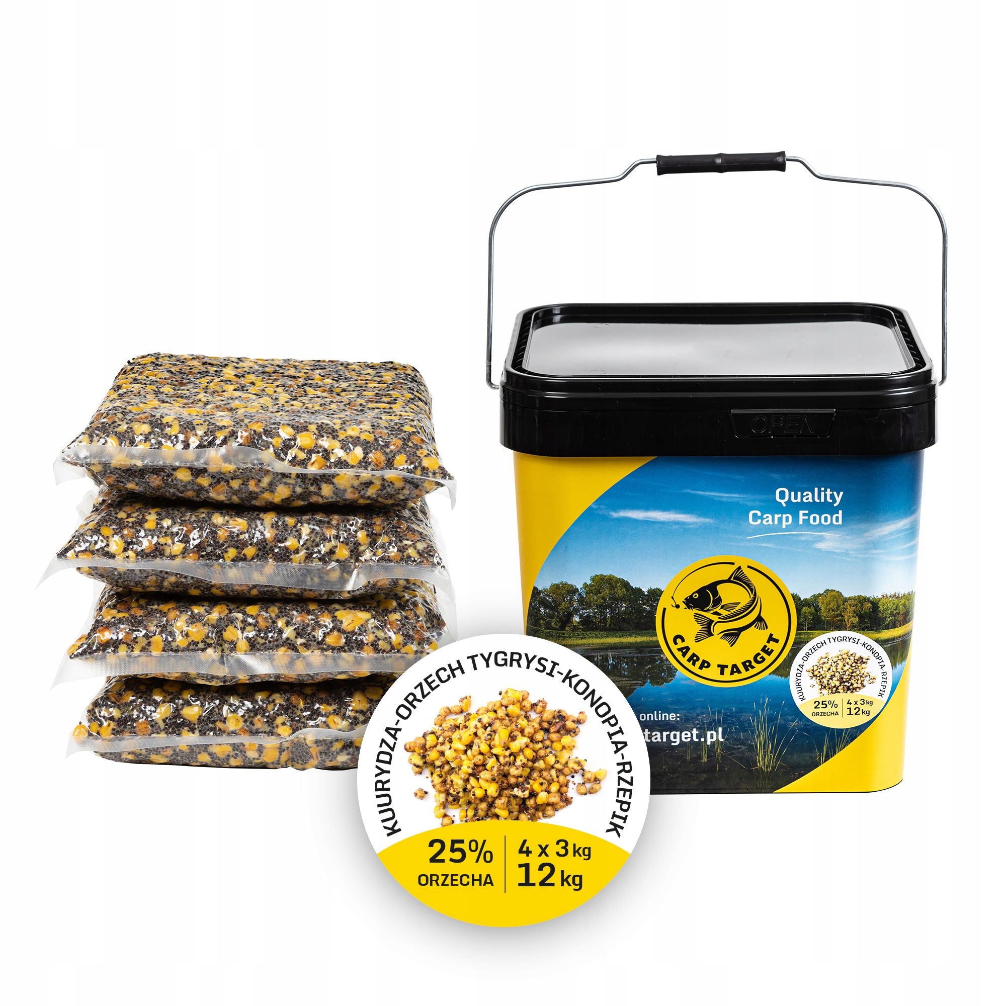 Tygří ořech Konopí Řepík Kukuřice Mix zrn 12kg 4x3kg 17L Kbelík