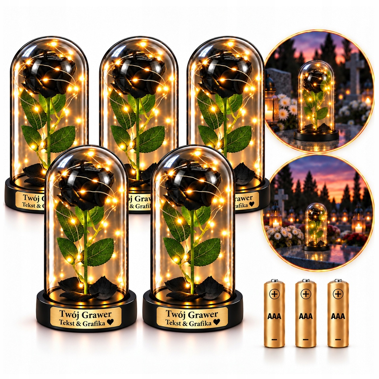 5 x Hřbitovní Svíčka Led Svítí Jako Hřbitovní Svíčka S Věnováním Gravírováním Moderní Růže