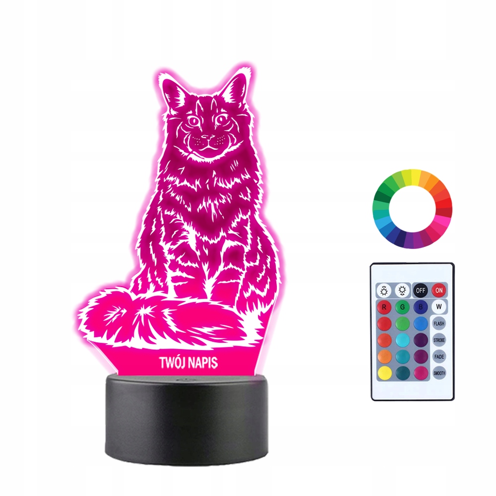 Lampka Nocna 3D LED Kot Maine Coon Prezent Imię