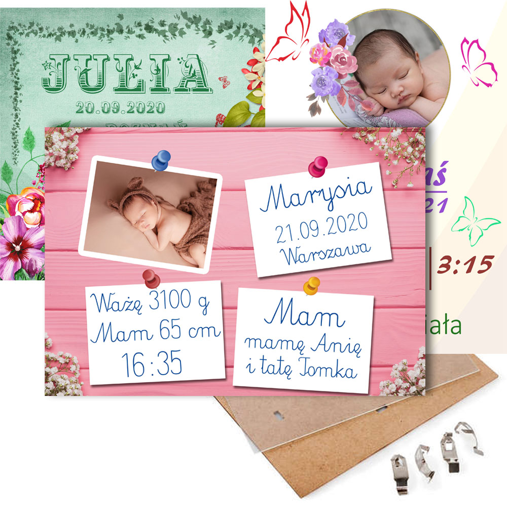 METRYCZKA pamiątka narodzin ze zdjęciem dziecka w antyramie