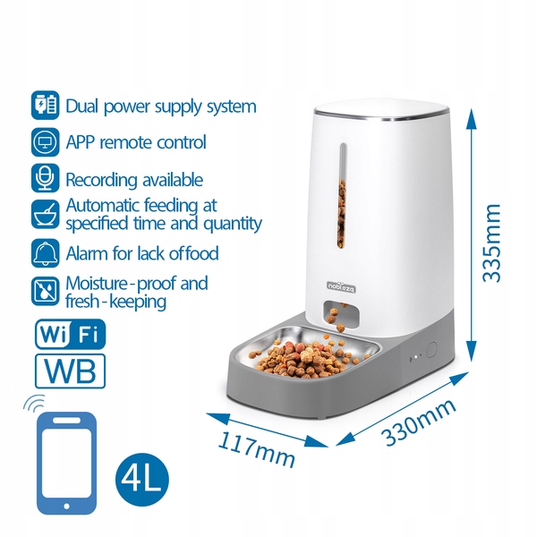 Dávkovač krmiva pro zvířata Inteligentní Smart WiFi 4L Aplikace Google