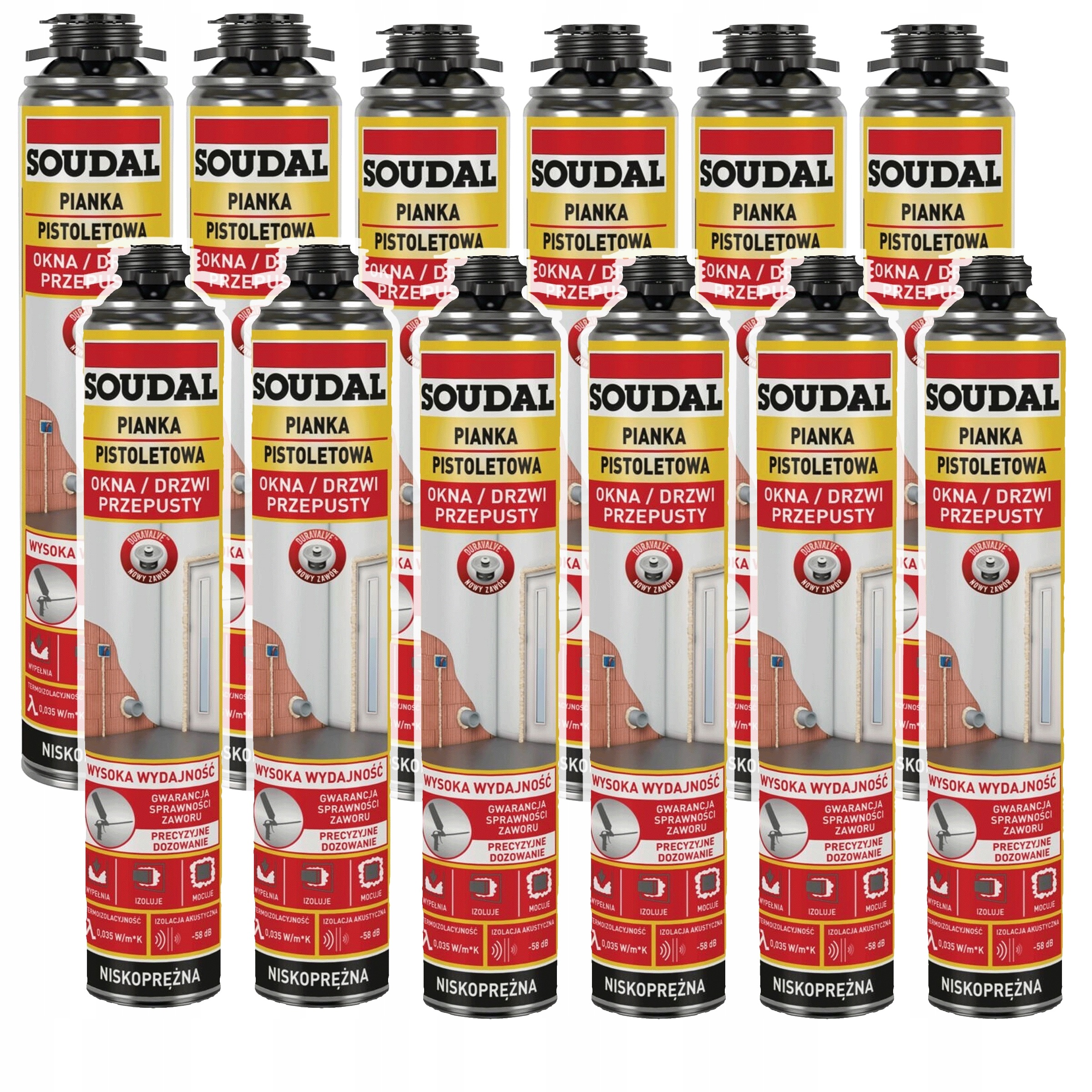 12 x Soudal Pistolová pěna Okna Dveře Nízkotlaká 121105 750 ml