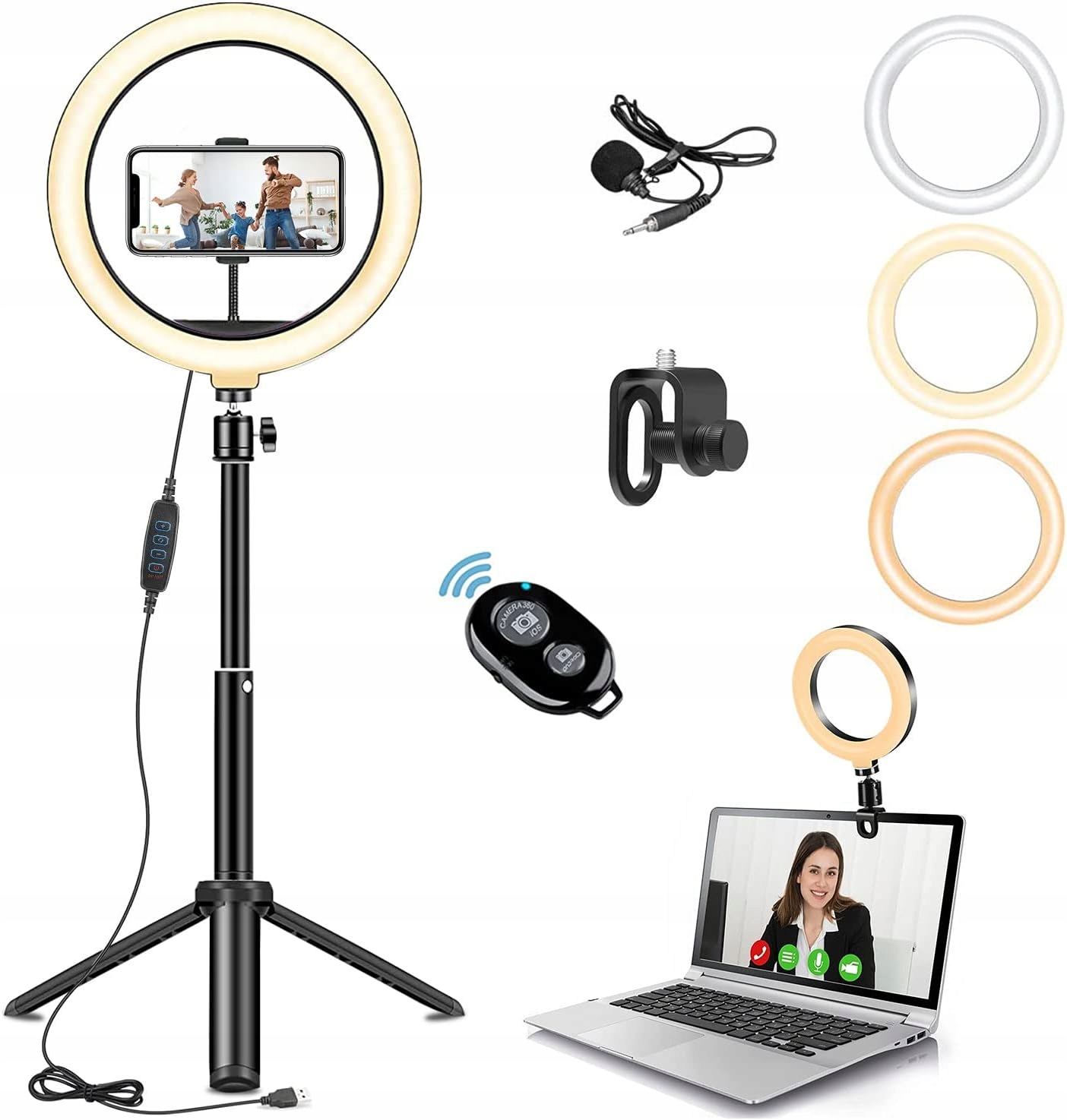 LAMPA PIERŚCIENIOWA LED RING MAKIJAŻ STATYW SELFIE Zestaw Pilot Przyciemia