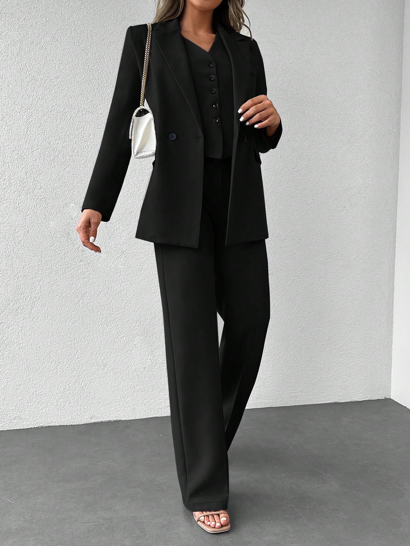 Dámský Elegantní Třídílný Oblek S Vestou, Černý, Večerní, Velikost 36