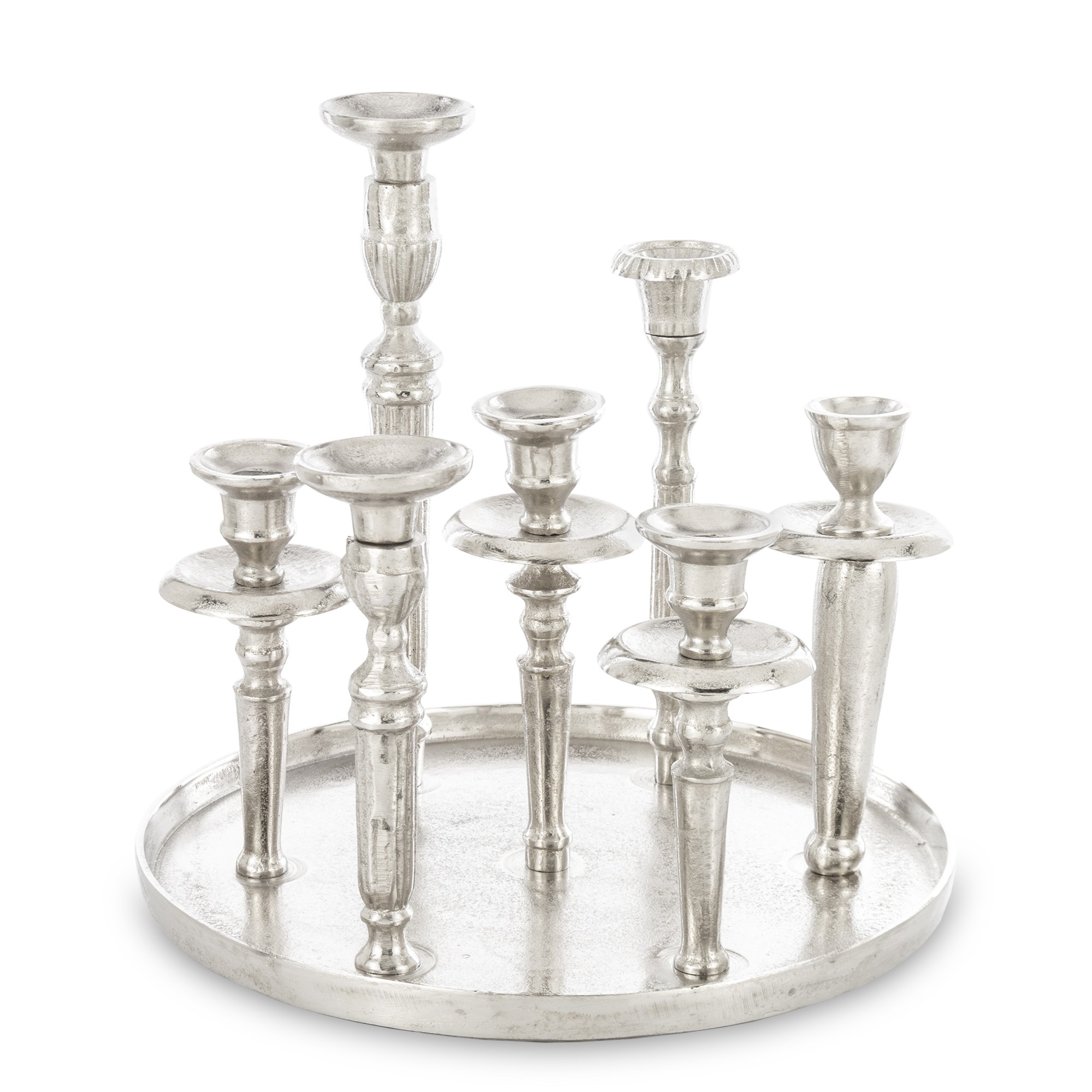 Svietnik strieborný okrúhly kovový dekoratívny na 5 sviečok