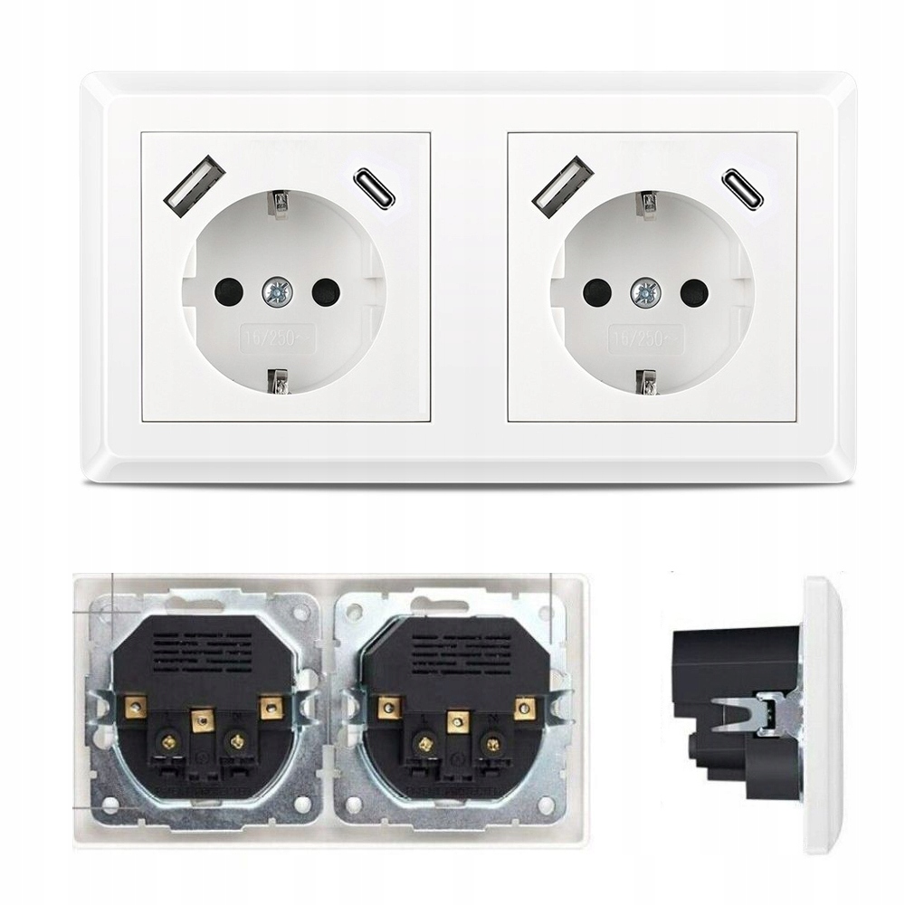 Zásuvka Kontakt S Kolíkem Nabíječka Usb A C Bílá Dvojitý Rámeček 3.5A