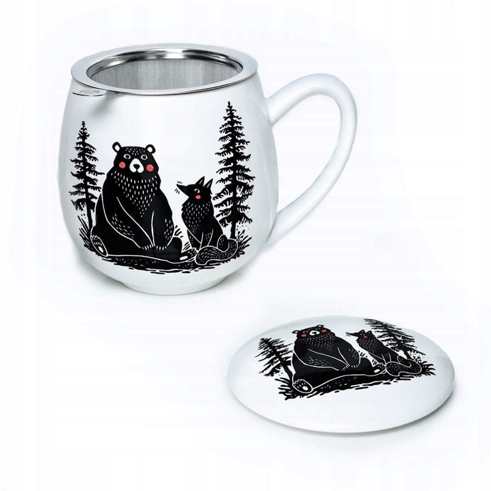 Levně Ideální porcelánový hrnek s konvičkou a víčkem, medvídek a liška na nálev