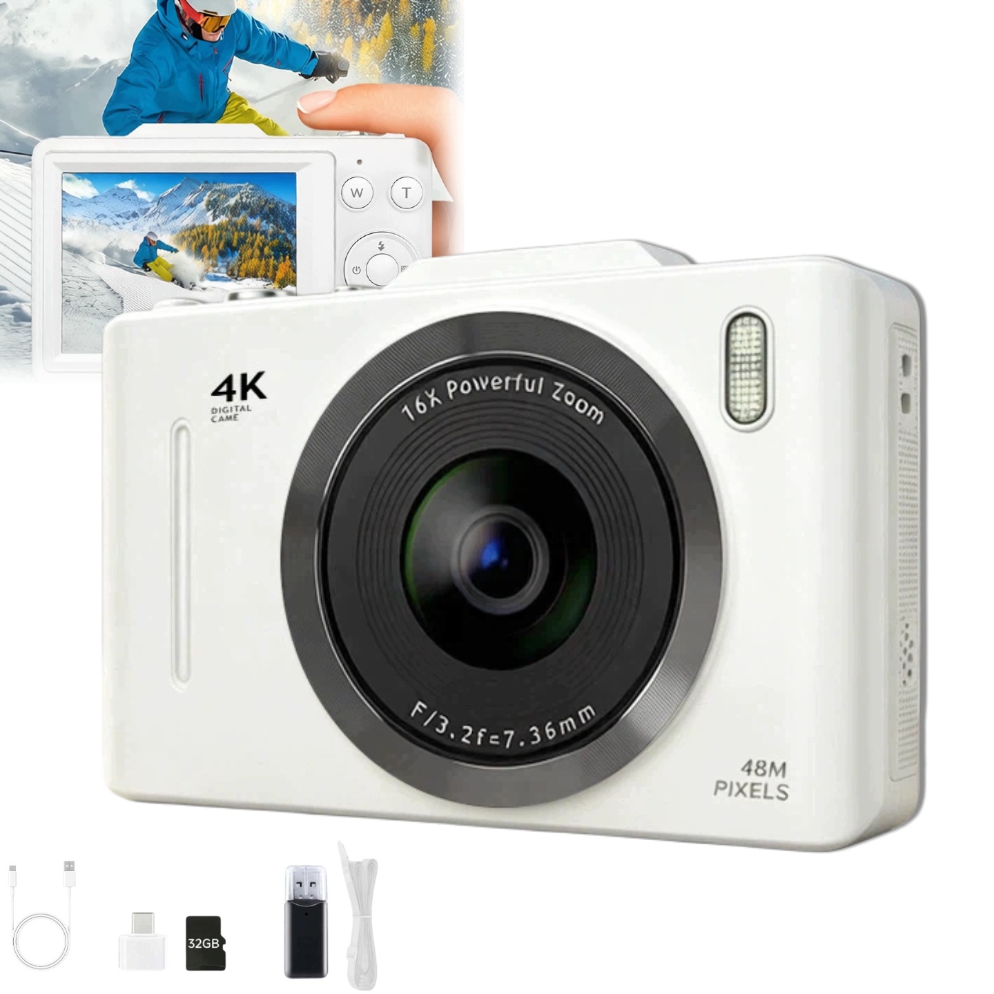 Digitální Fotoaparát 4K 48 Mp Režim Makrozomu 16-NÁSOBNÝ, Lehký, Kompaktní S Kartou