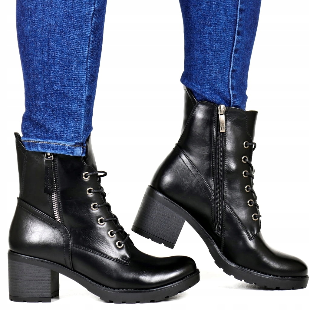 Černé Kotníkové Boty Workery Na Podpatku Zimní Boty Zateplené Šněrovacím Zipem